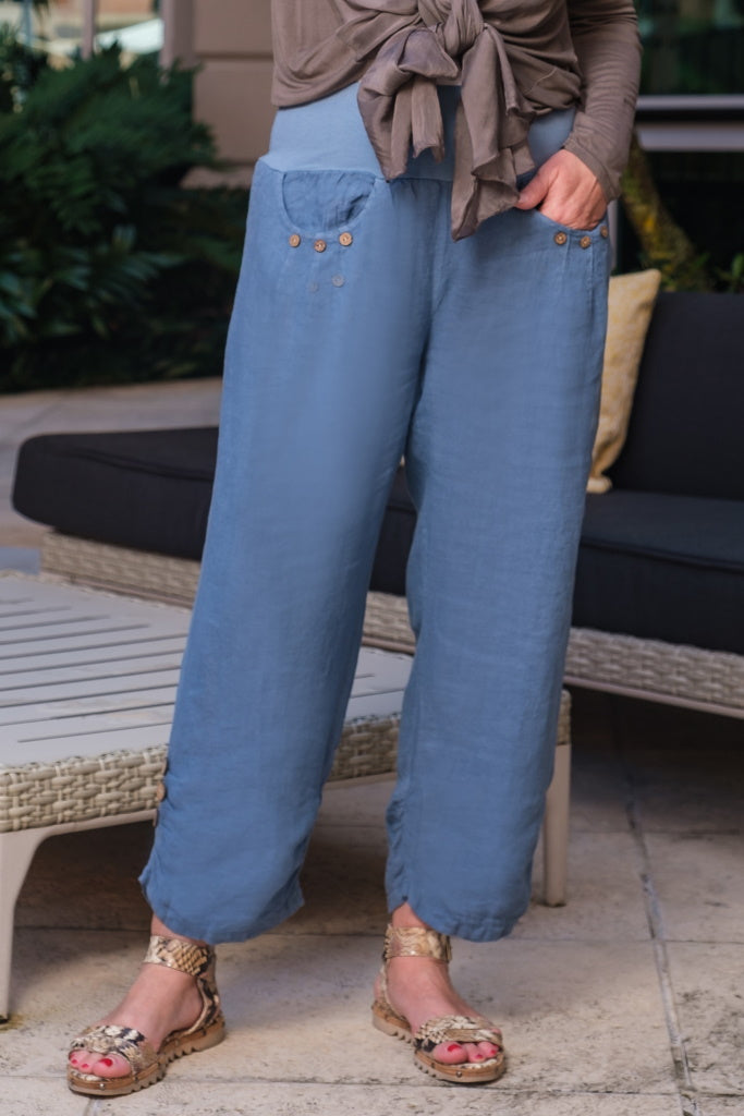 PL163-427 Jeans Georgia Button Pocket Side Ruche Linen Pant