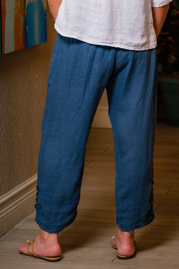 PL163-475 Dark Jeans Georgia Button Pocket Side Ruche Linen Pant