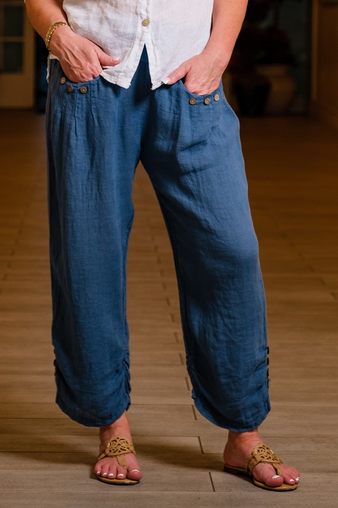PL163-475 Dark Jeans Georgia Button Pocket Side Ruche Linen Pant