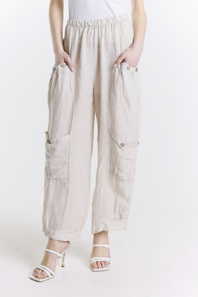 PL171 250 Beige Mary Dbl Pocket Linen Pant w/ Buttons