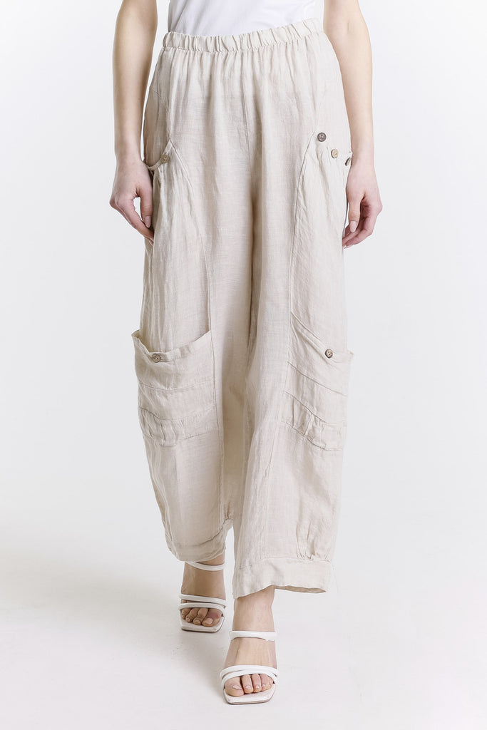 PL171 250 Beige Mary Dbl Pocket Linen Pant w/ Buttons