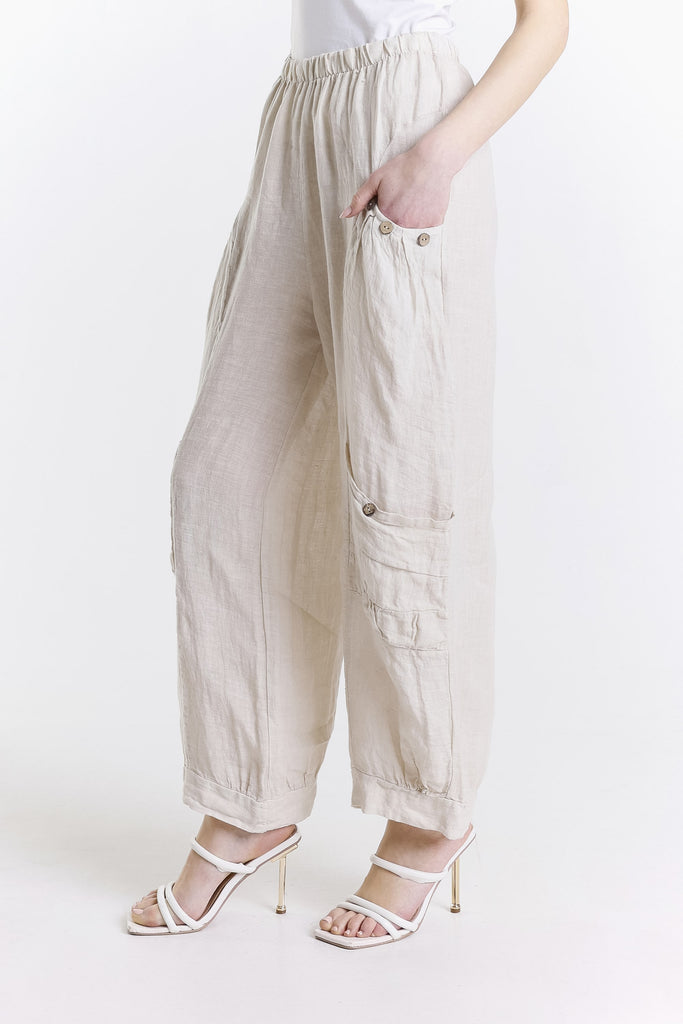 PL171 250 Beige Mary Dbl Pocket Linen Pant w/ Buttons