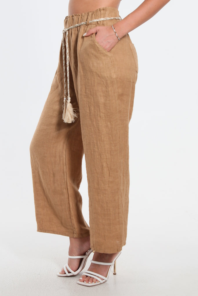 PL181-258 Camel Gracy Linen Pull On Pant