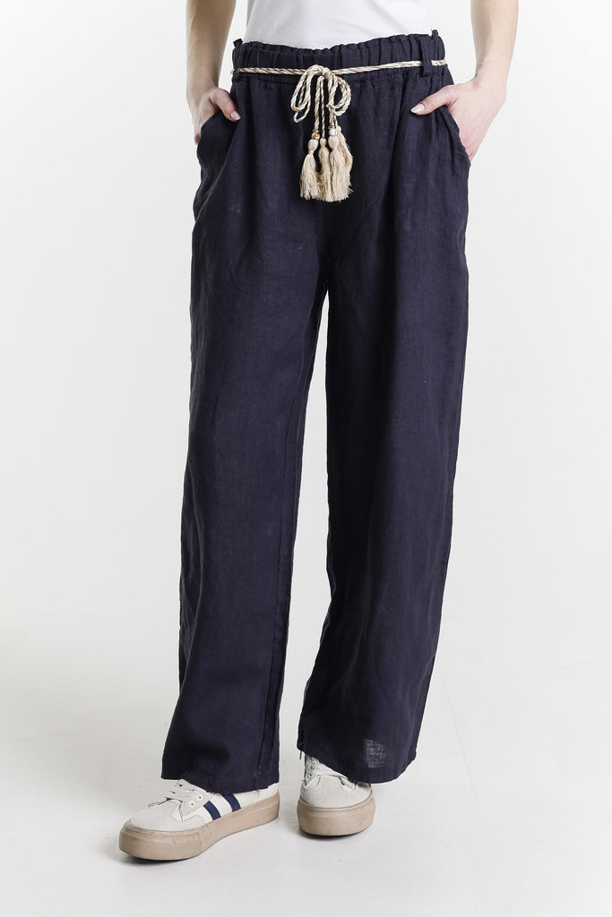 PL181 409 Navy Gracy Linen Pull On Pant