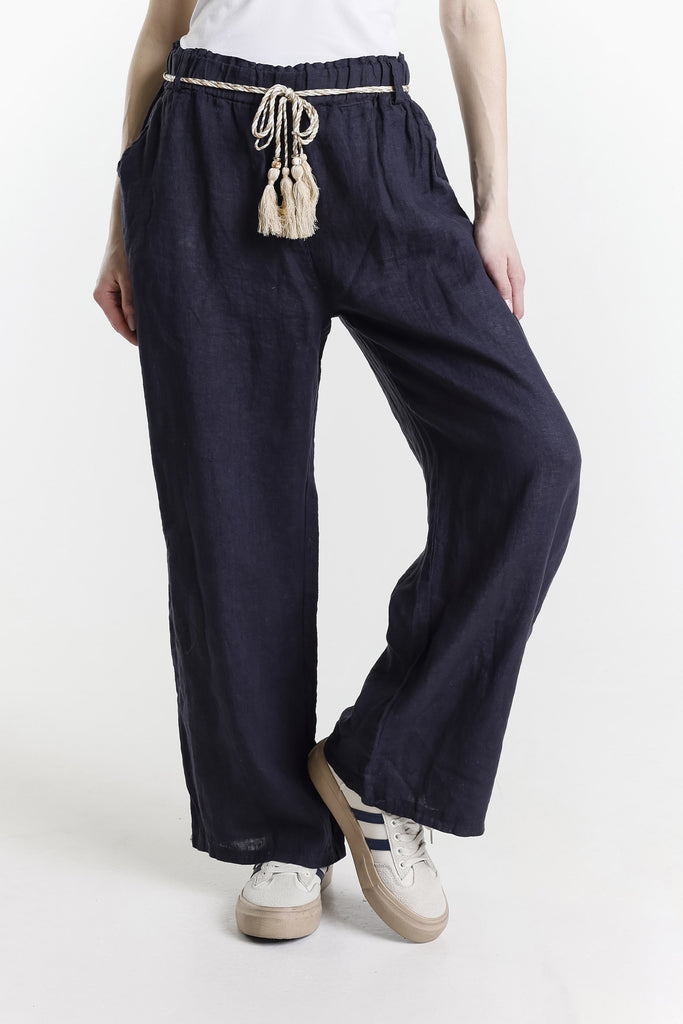 PL181 409 Navy Gracy Linen Pull On Pant