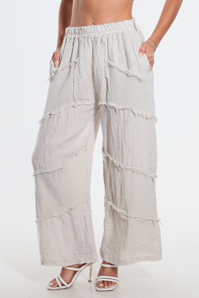 PL185-250 Beige Jandra Raw Edge Mixed Media Pant