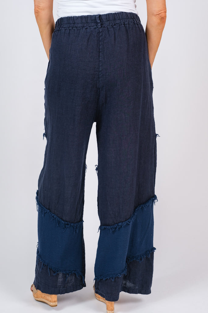 PL185-409 Navy Jandra Raw Edge Mixed Media Pant