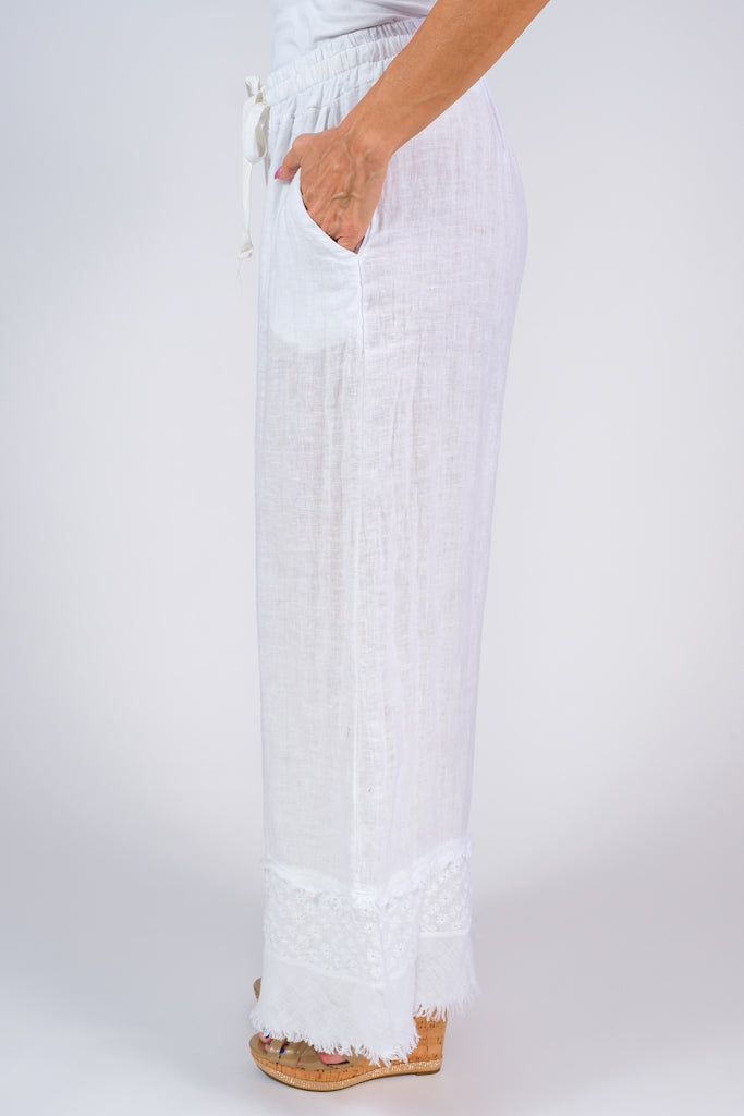 PL186-100 White Arti Linen Embroidered Pant