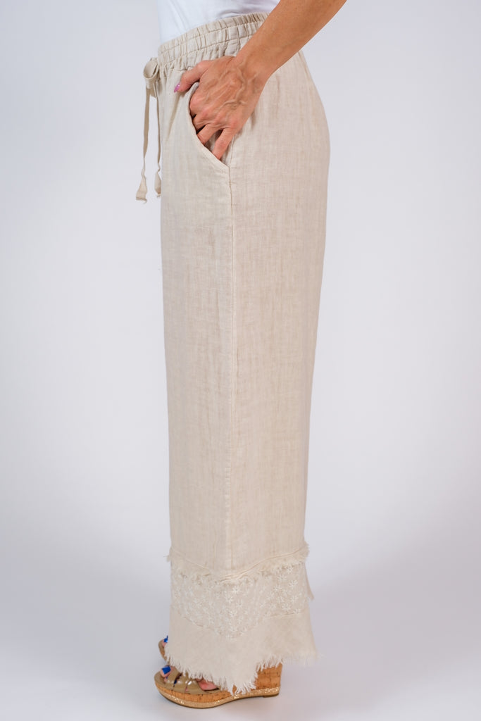 PL186-250 Beige Arti Linen Embroidered Pant