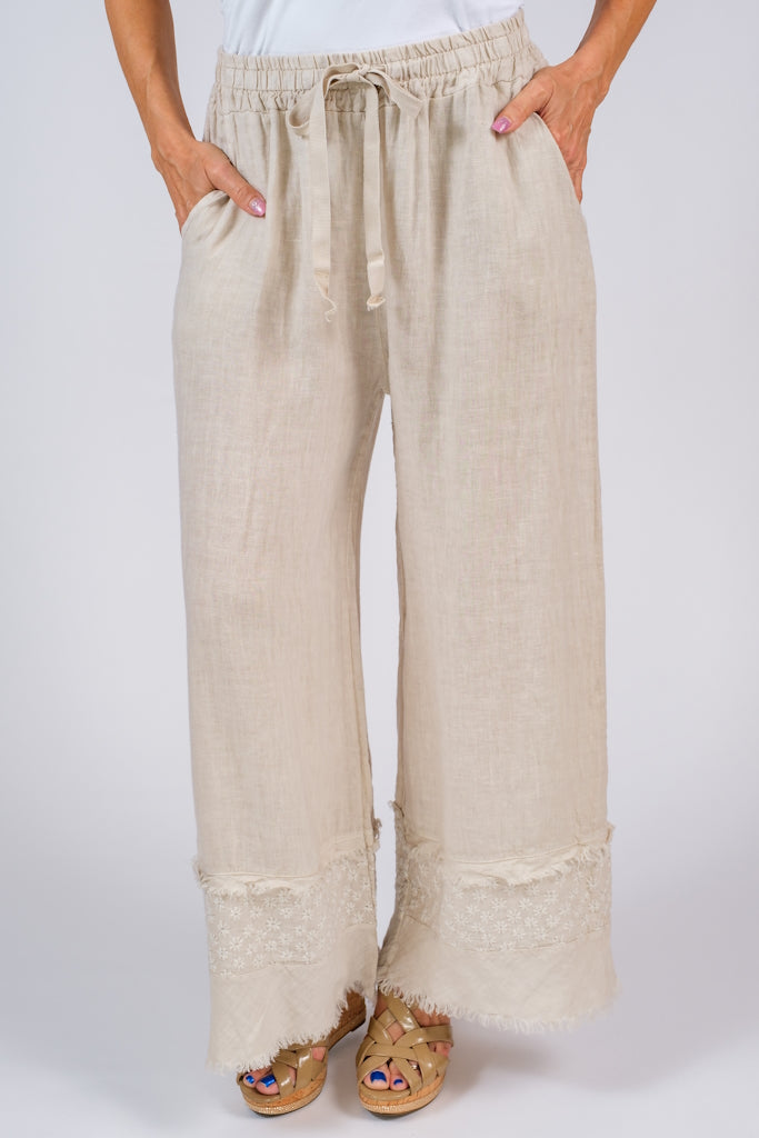 PL186-250 Beige Arti Linen Embroidered Pant