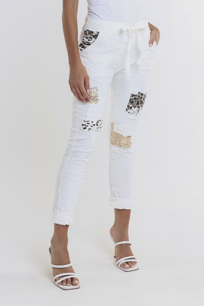 PL192L 105 Cream Leopard Sequin Kelly Patch Pant Front