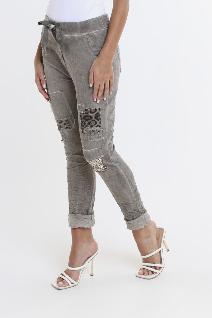 PL192L 241 Taupe Enzyme Leopard Sequin Kelly Patch Pant Side