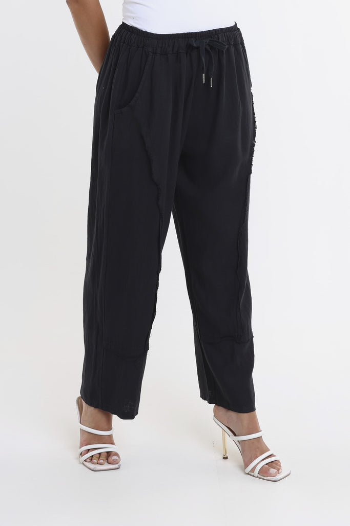 PL194 001 Black Addie Ragged Multi Seam Linen Pant-2