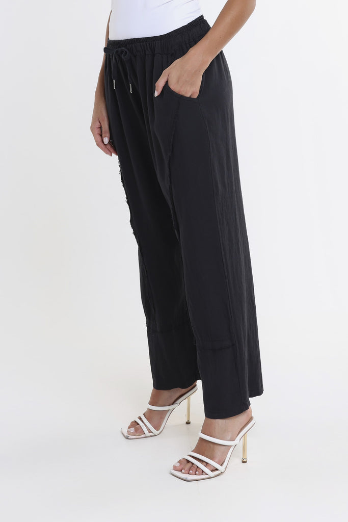 PL194 001 Black Addie Ragged Multi Seam Linen Pant-3