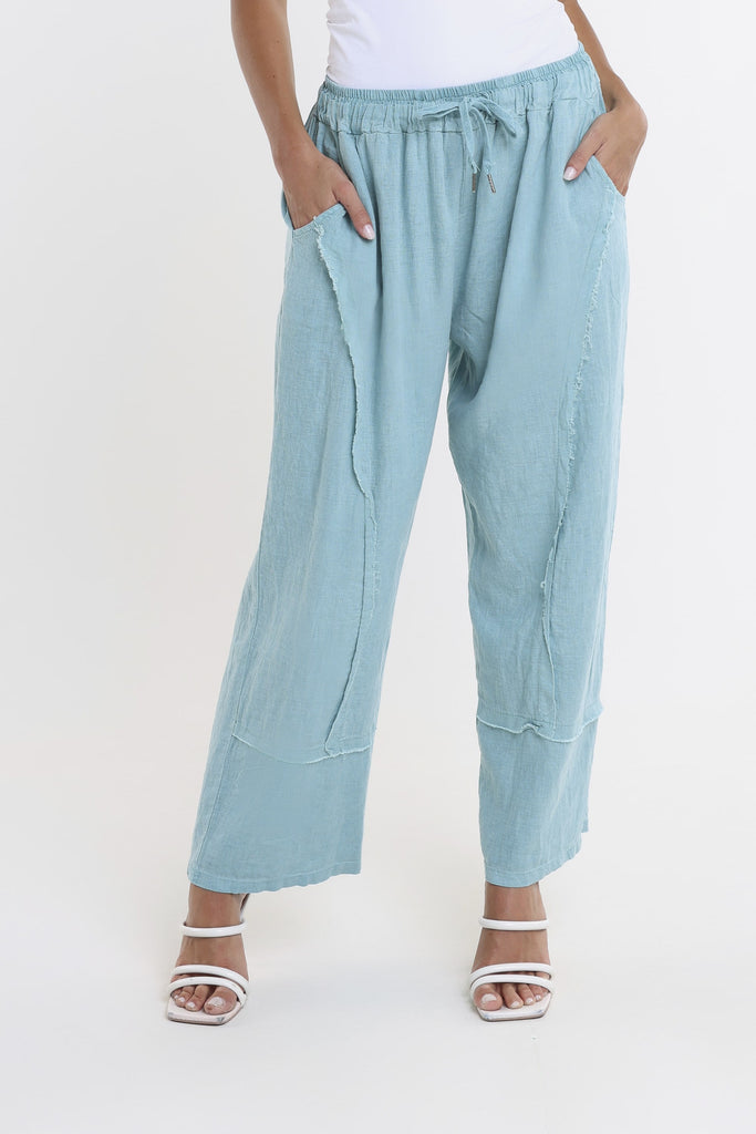 PL194 328 Teal Enzyme Addie Ragged Multi Seam Linen Pant-1