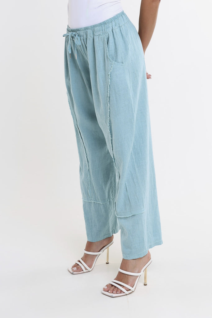 PL194 328 Teal Enzyme Addie Ragged Multi Seam Linen Pant-3