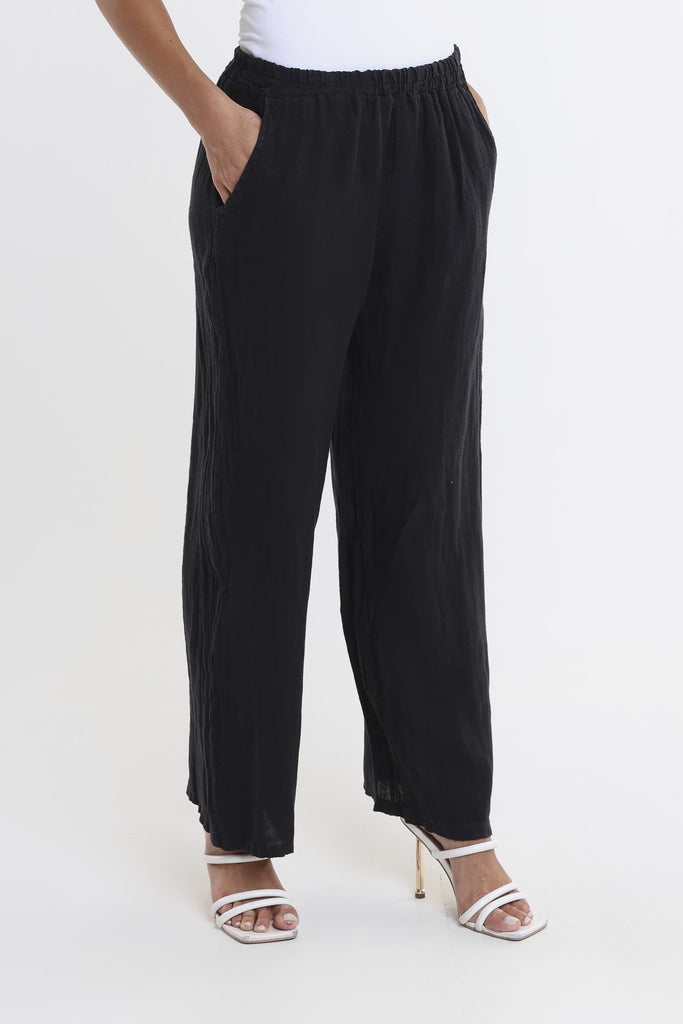 PL195 001 Black Kate Straight Leg Linen Pant -1