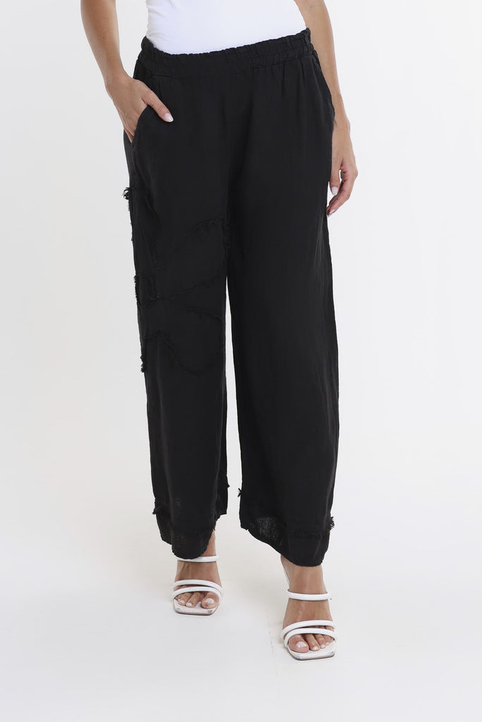 PL197F 001 Black Flower Yvette Raw Edge Linen Pant Front