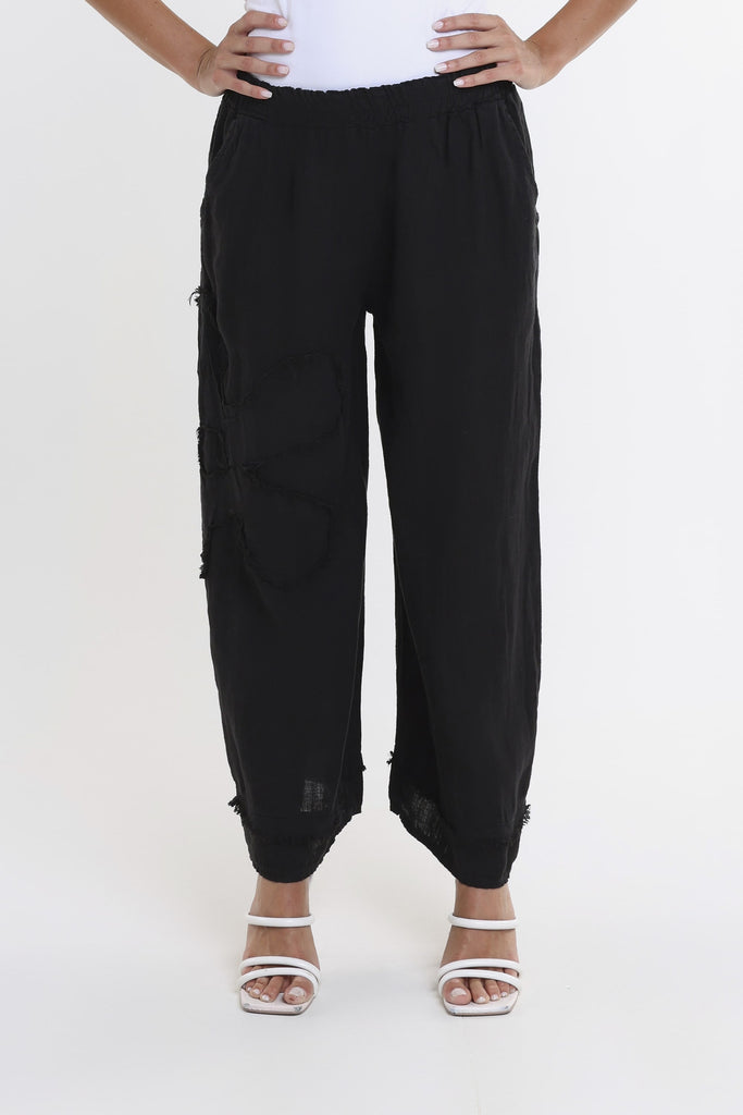 PL197F 001 Black Flower Yvette Raw Edge Linen Pant Front 2