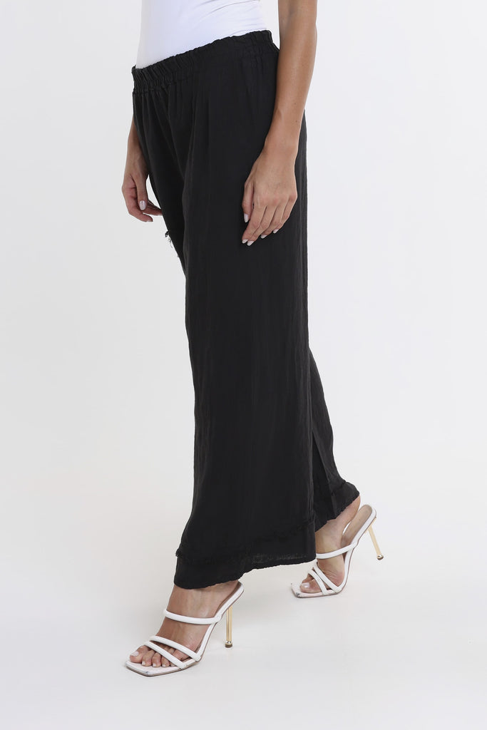 PL197F 001 Black Flower Yvette Raw Edge Linen Pant Side