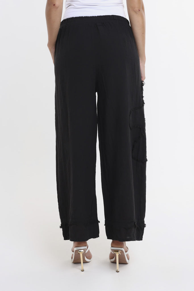 PL197F 001 Black Flower Yvette Raw Edge Linen Pant Back