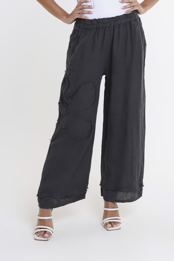 PL197F 010 Charcoal Flower Yvette Raw Edge Linen Pant Front