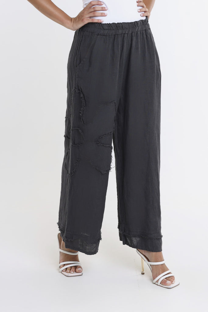 PL197F 010 Charcoal Flower Yvette Raw Edge Linen Pant Front 2