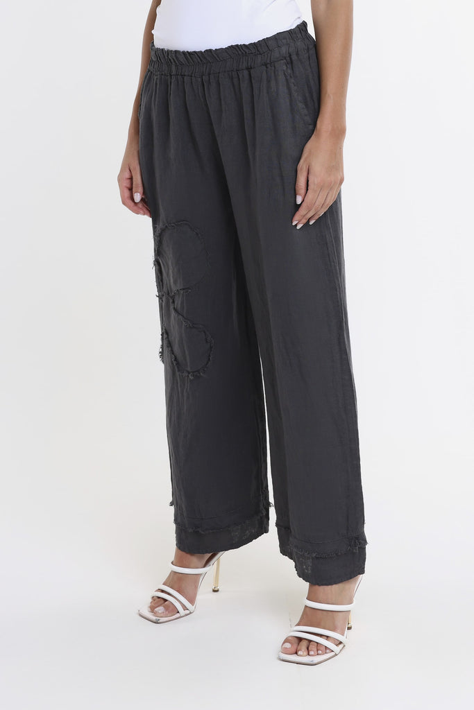 PL197F 010 Charcoal Flower Yvette Raw Edge Linen Pant Side