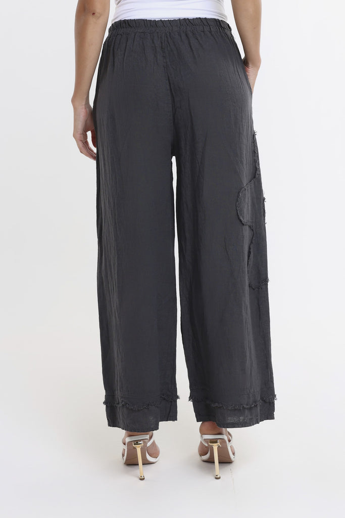 PL197F 010 Charcoal Flower Yvette Raw Edge Linen Pant Back