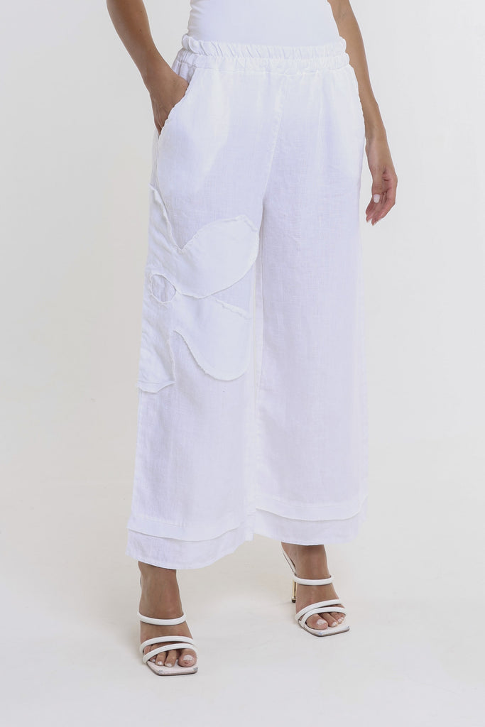 PL197F 100 White Flower Yvette Raw Edge Linen Pant Front