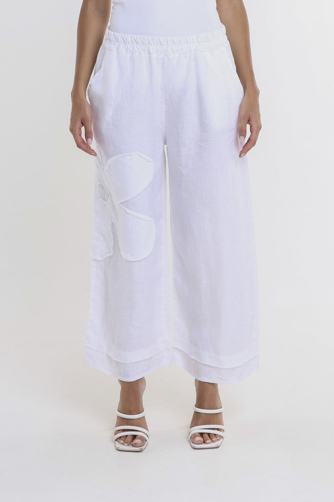 PL197F 100 White Flower Yvette Raw Edge Linen Pant Front 2