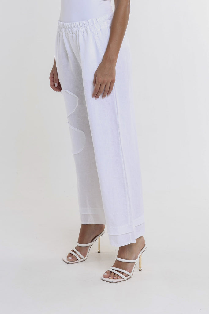 PL197F 100 White Flower Yvette Raw Edge Linen Pant Side