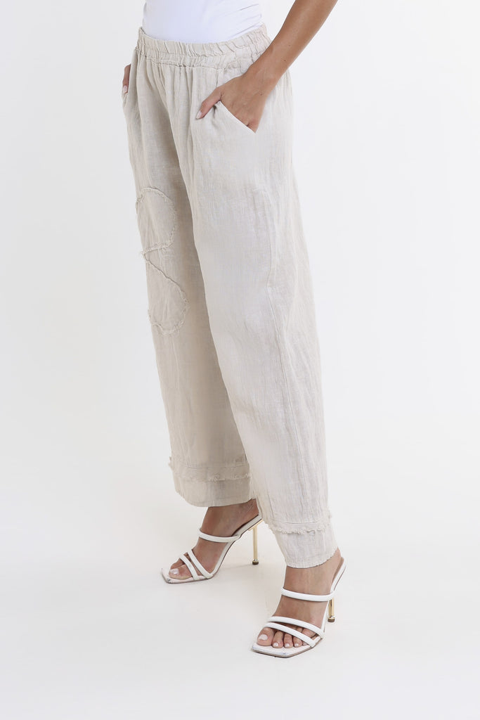 PL197F 250 Beige Flower Yvette Raw Edge Linen Pant Side