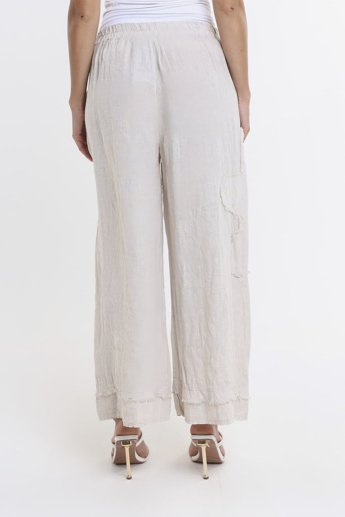 PL197F 250 Beige Flower Yvette Raw Edge Linen Pant Back