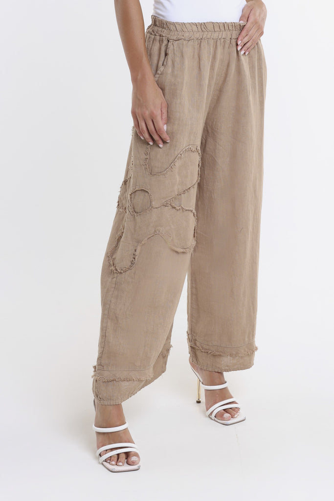 PL197F 258 Camel Flower Yvette Raw Edge Linen Pant Front