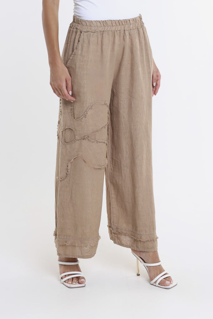 PL197F 258 Camel Flower Yvette Raw Edge Linen Pant Front 2