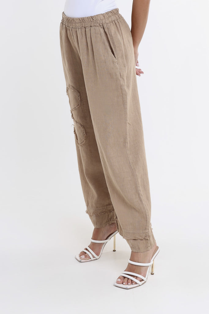 PL197F 258 Camel Flower Yvette Raw Edge Linen Pant Side