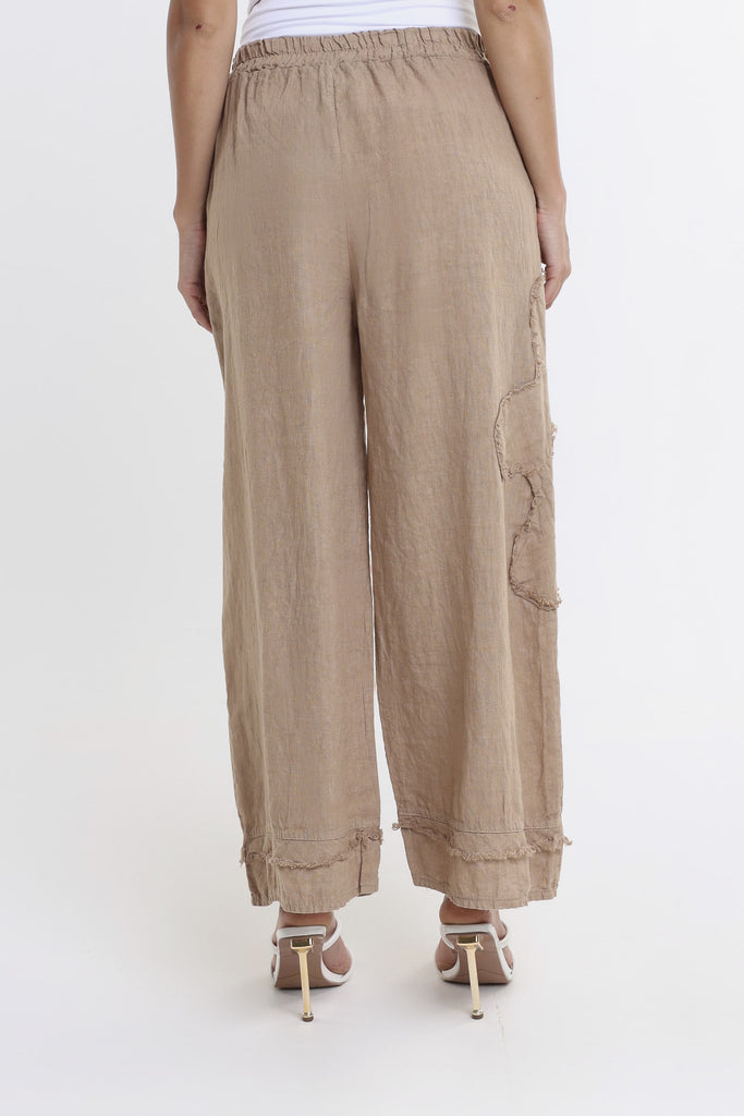 PL197F 258 Camel Flower Yvette Raw Edge Linen Pant Back