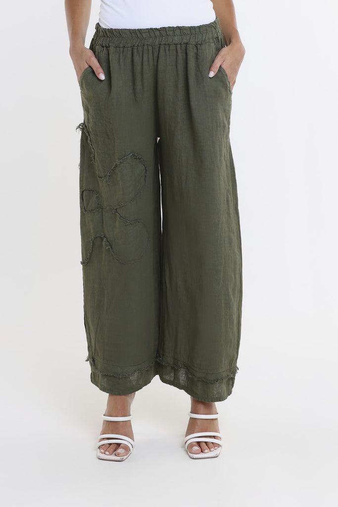 PL197F 303 Army Flower Yvette Raw Edge Linen Pant Front