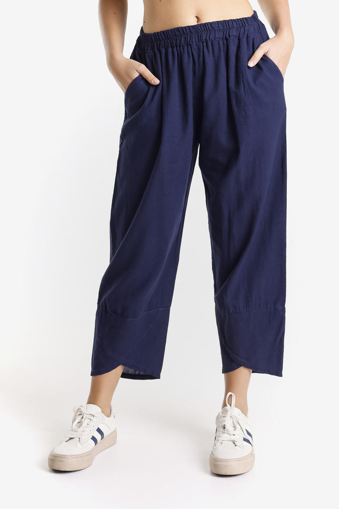 PL198 409 Navy Eliana Linen Blend Tulip Cuff Pant