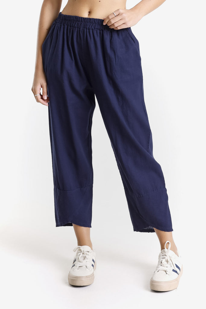 PL198 409 Navy Eliana Linen Blend Tulip Cuff Pant