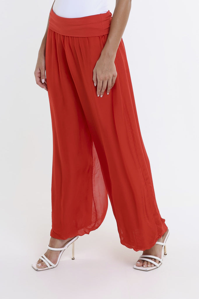 PL203 600 Red Mercedes Silk Pant w/Foldover Waist