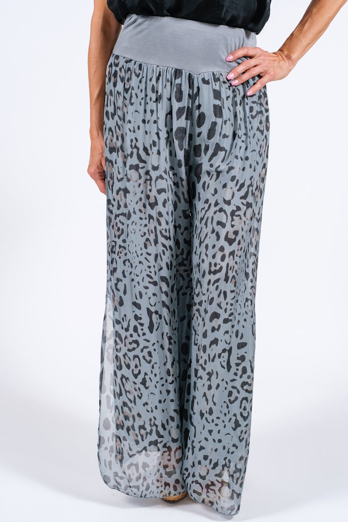 PL206L-040 Medium Gray Eva Leopard Silk Side Slit Pant