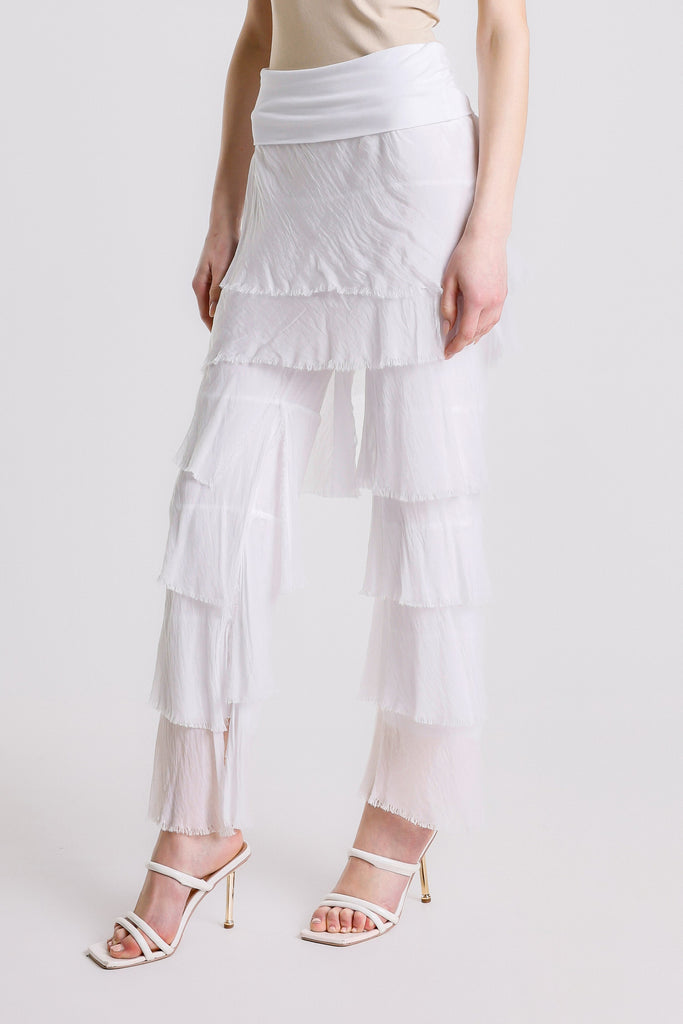 PL219 100 White Mirabella Silk Ruffle Pant