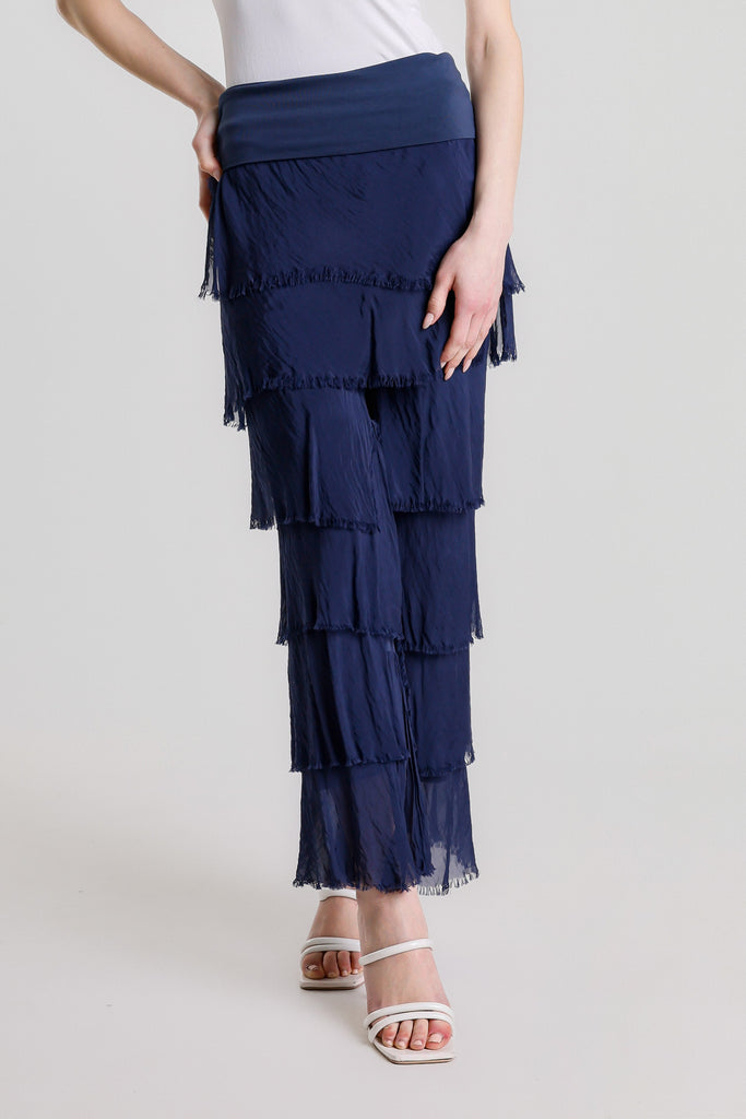 PL219 409 Navy Mirabella Silk Ruffle Pant
