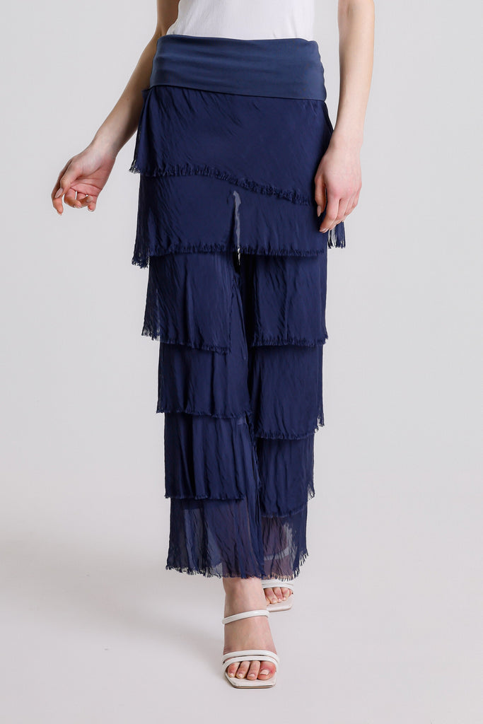 PL219 409 Navy Mirabella Silk Ruffle Pant