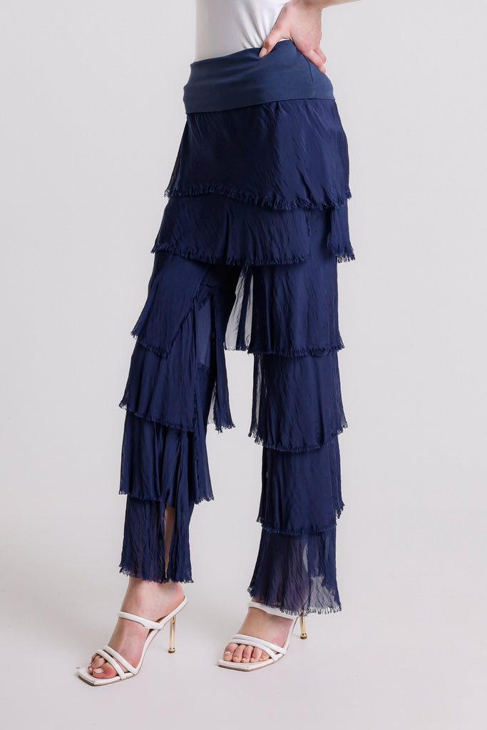 PL219 409 Navy Mirabella Silk Ruffle Pant