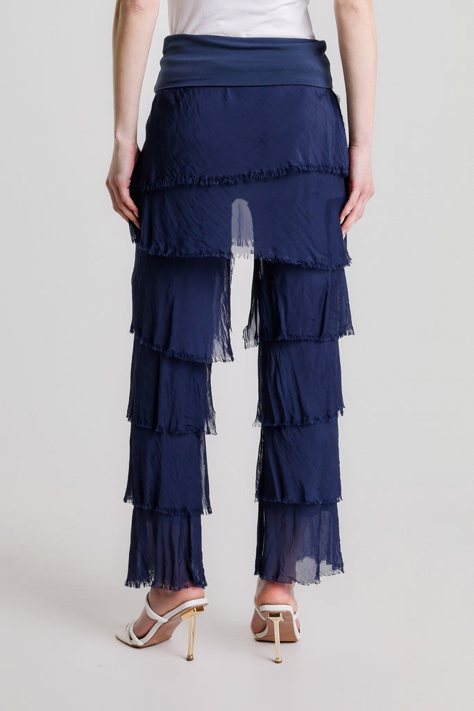 PL219 409 Navy Mirabella Silk Ruffle Pant