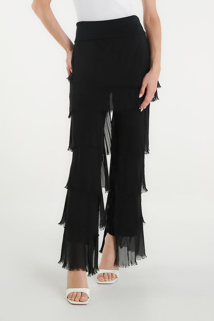 PL219 001 Black Mirabella Silk Ruffle Pant