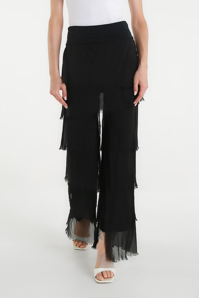 PL219 001 Black Mirabella Silk Ruffle Pant